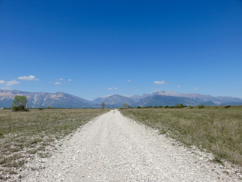 Magredi, Vivaro, steppa Friuli Venezia Giulia, strada bianca con le Prealpi Carniche in fondo